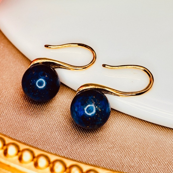 Natural Lapis Lazuli Gemstone - 18K Gold Drop Earrings - Picture 1 of 7